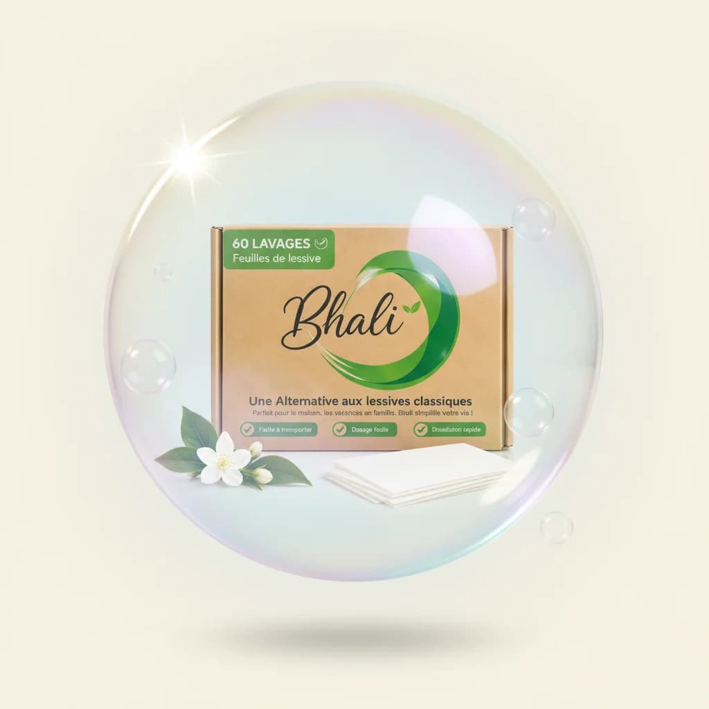 Boîte de lessive en feuilles Bhali en carton kraft, dans une bulle de savon