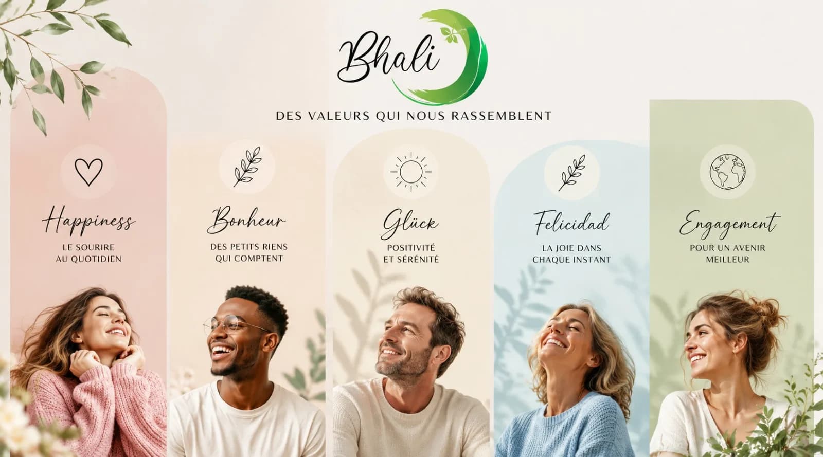 Des valeurs qui nous rassemblent : le sourire au quotidien, des petits riens qui comptent, positivité et sérénité, la joie dans chaque instant, l’engagement pour un avenir meilleur