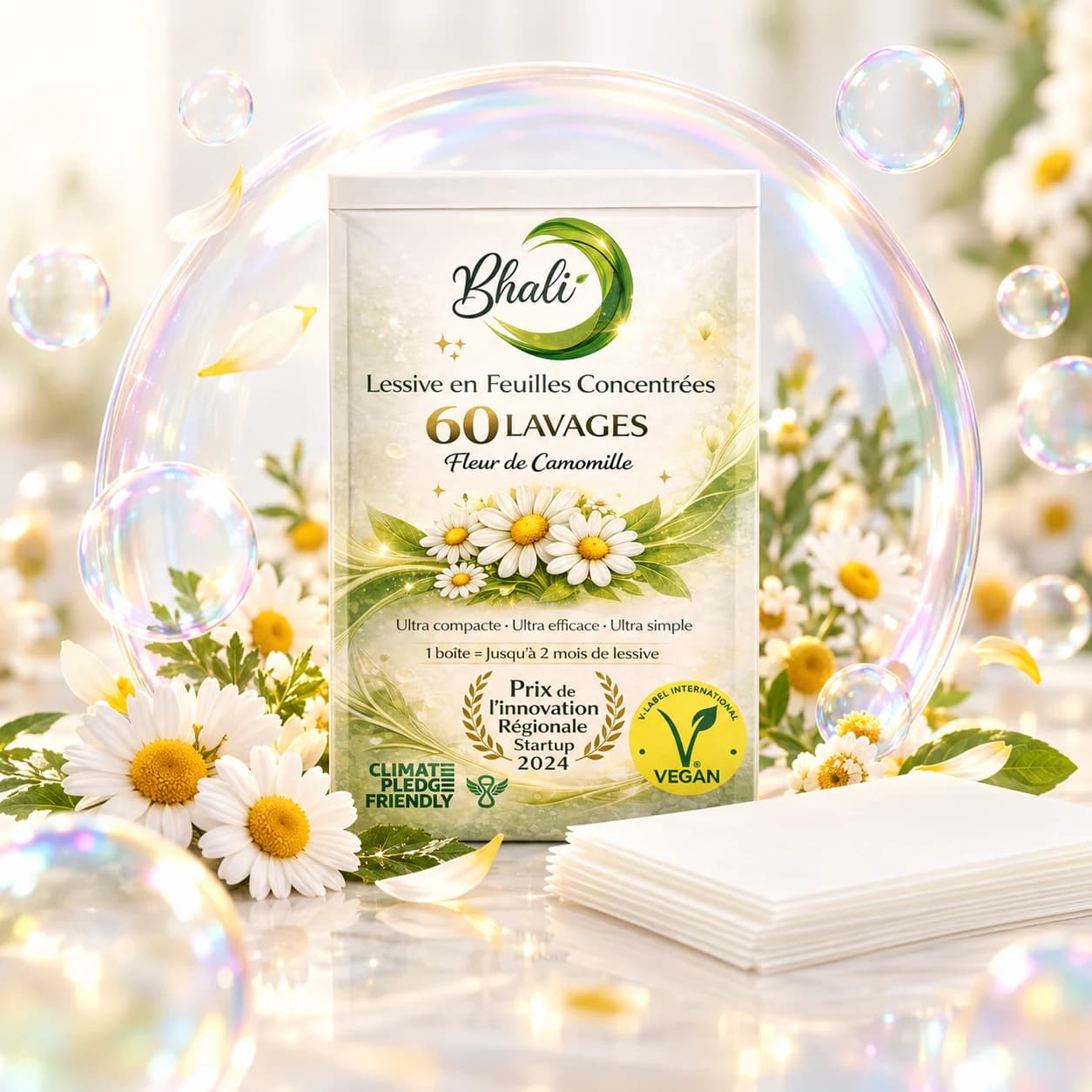 Lessive en feuilles Bhali Fleur de Camomille : le sachet dans une bulle de savon, entouré de camomille