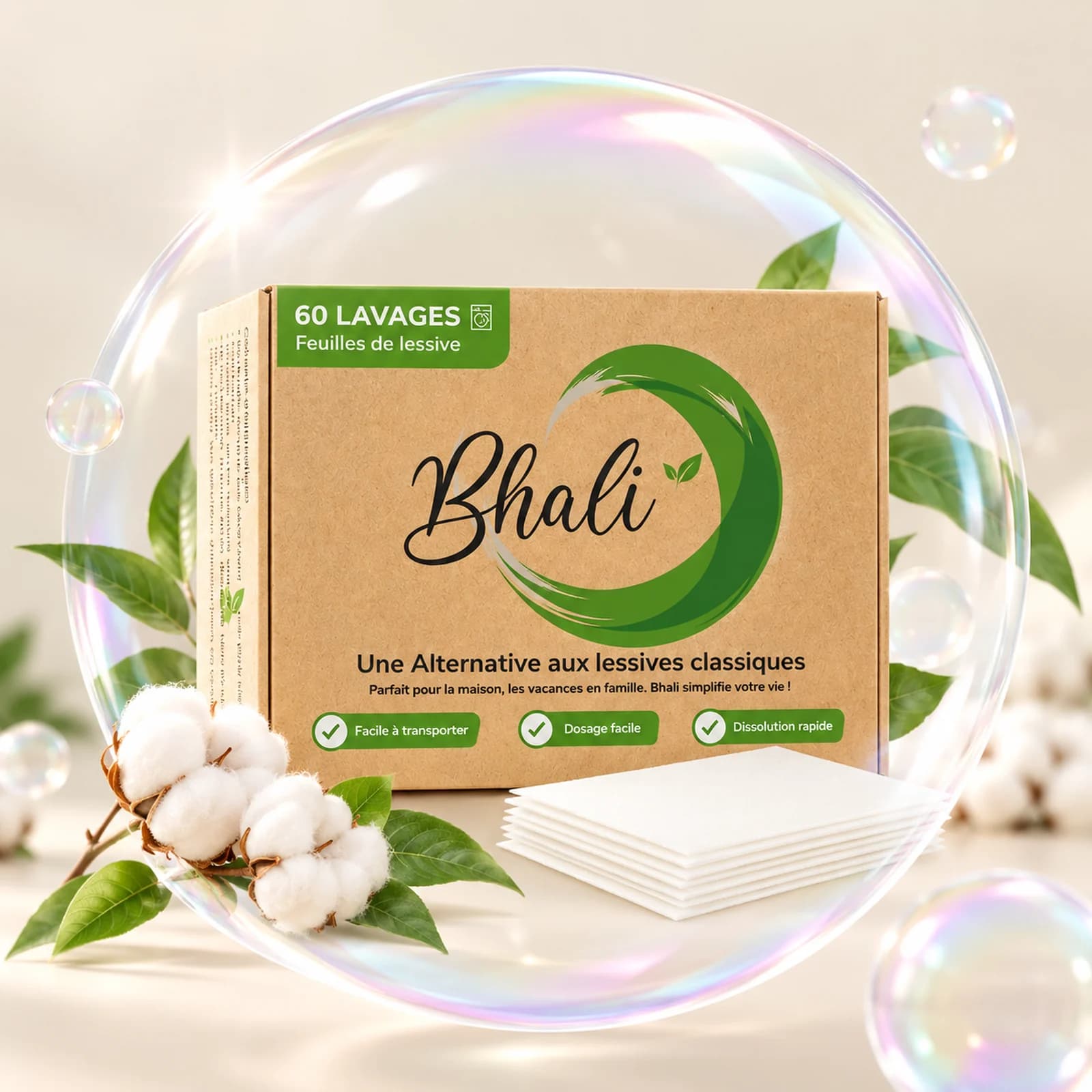 Lessive en feuilles Bhali Fleur de Coton : la boîte kraft dans une bulle de savon