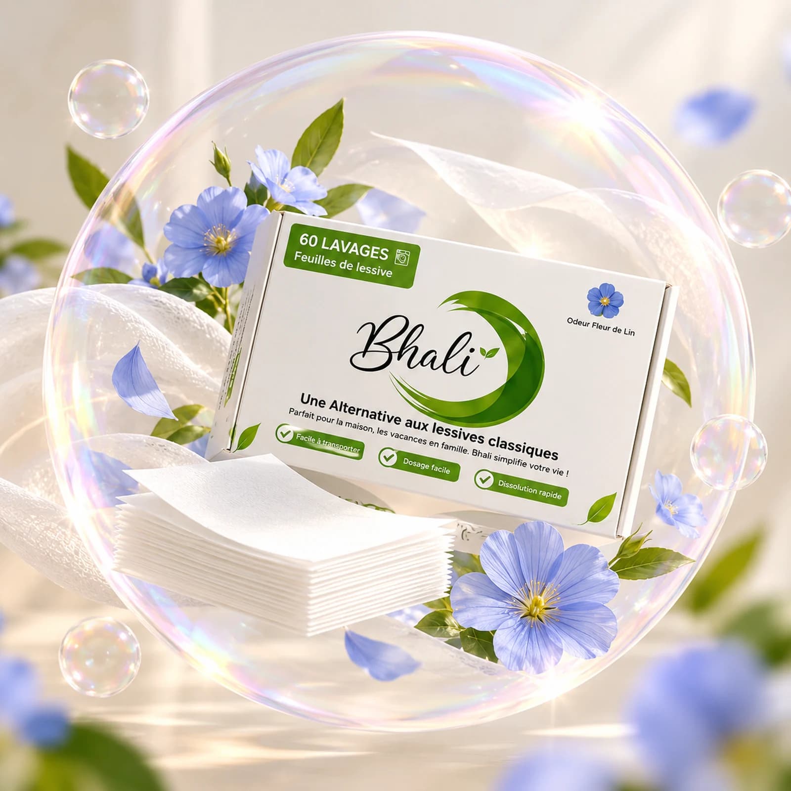 Lessive en feuilles Bhali Fleur de Lin : la boîte blanche dans une bulle de savon