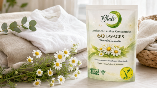 Linge en lin naturel bien entretenu — lessive en feuilles Bhali Camomille