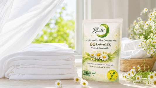 Linge frais près d'une fenêtre ouverte — lessive en feuilles Bhali Camomille