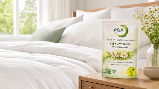 Couette blanche propre près d'une fenêtre — lessive en feuilles Bhali