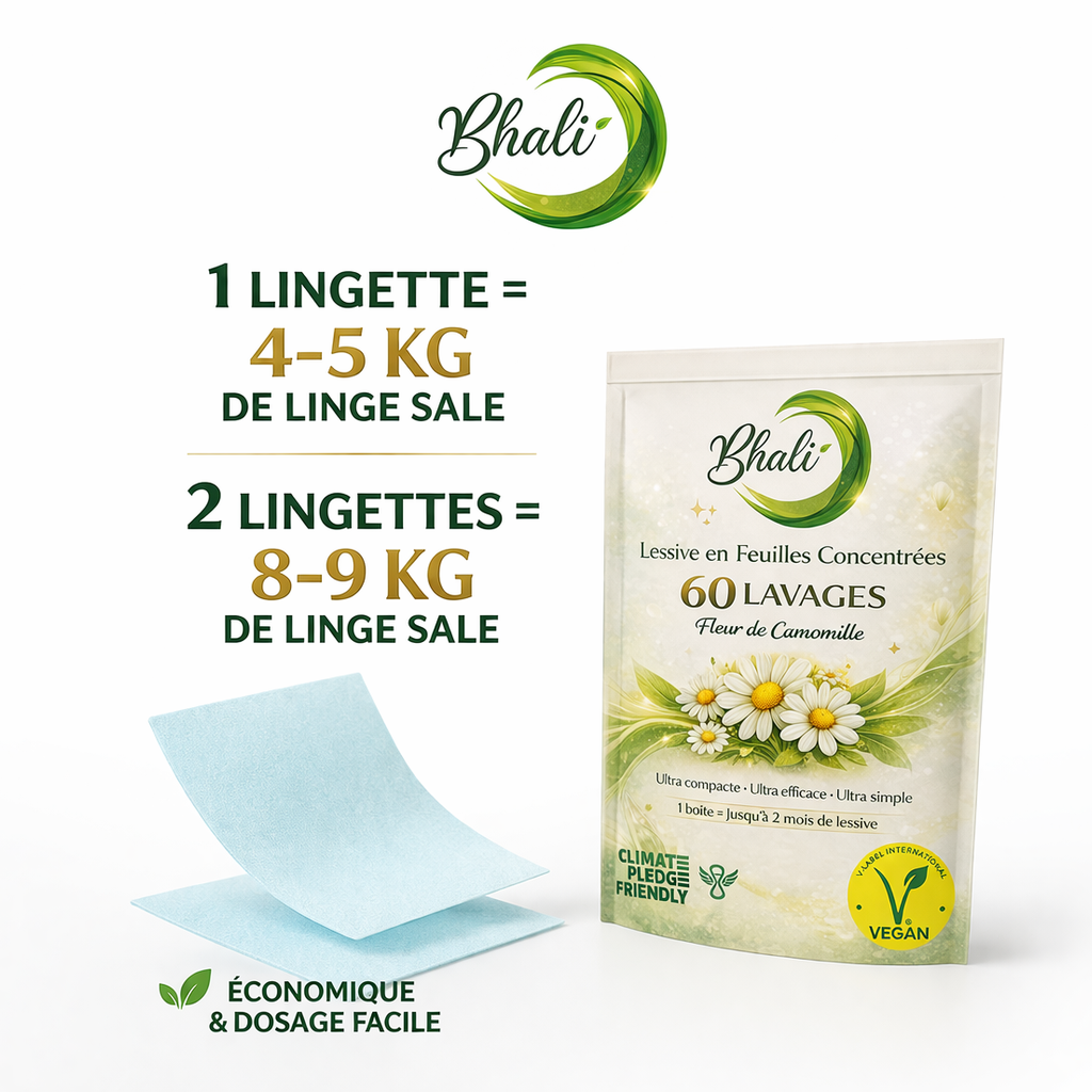 Lessive en Feuilles Bhali – Pack 3+1 Offert | 240 Lavages Écologiques Fleur de Camomille
