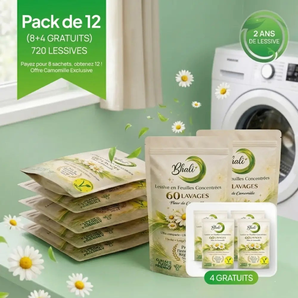 Bhali Fleur de Camomille – Pack 8 + 4 Offerts | 720 Lavages | Jusqu’à 2 ans de lessive - Lessive en feuilles
