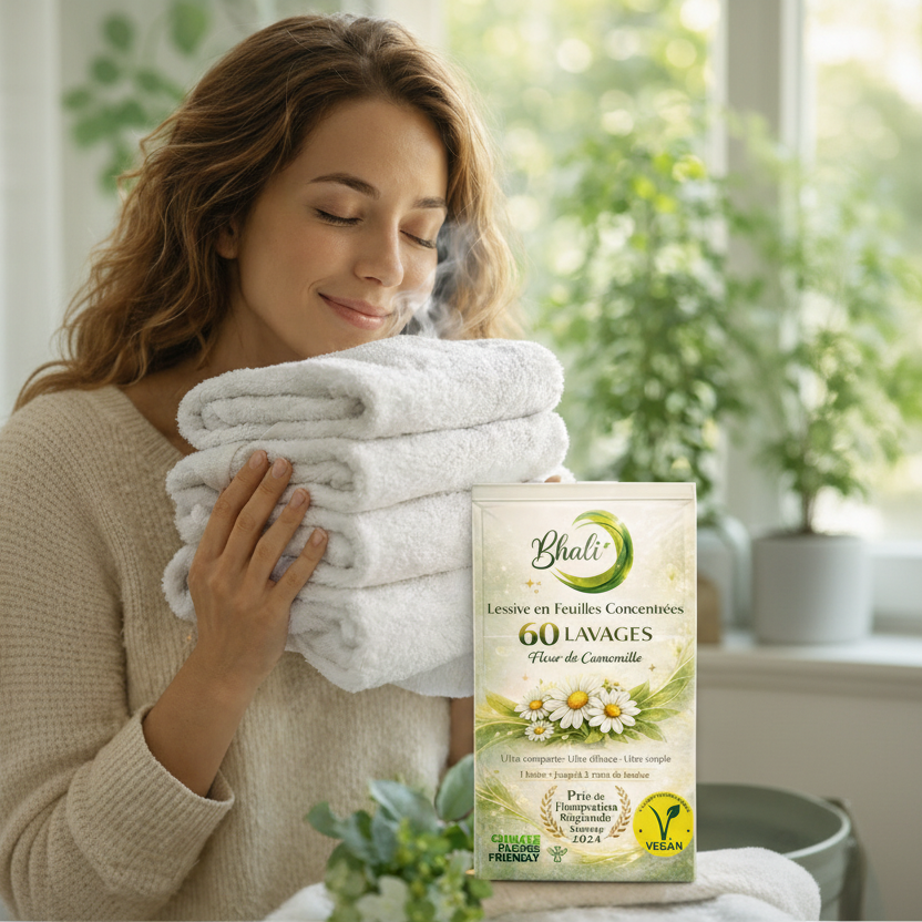 Lessive en Feuilles Bhali – Pack 3+1 Offert | 240 Lavages Écologiques Fleur de Camomille