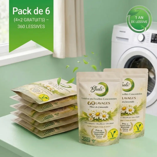 Lessive en Feuilles Bhali – Pack 4 + 2 Offertes | 360 Lavages Fleur de Camomille - Lessive en feuilles