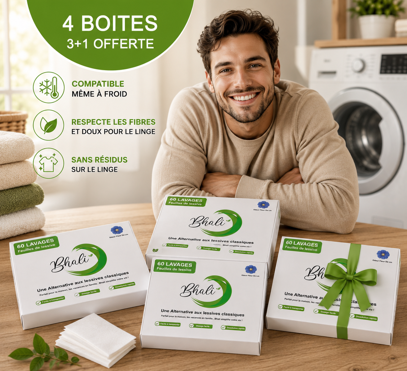 Bhali – Pack 3 + 1 Offert (240 Lavages) | 1 Boîte 60L Offerte Fleur de Lin