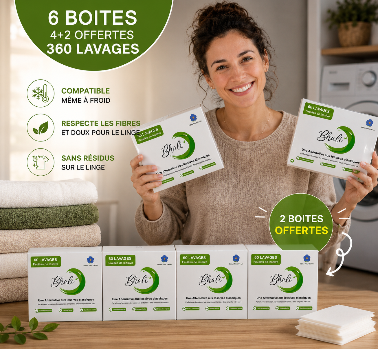 Bhali – Pack 4 + 2 Offertes (360 Lavages) | Jusqu’à 1 an de lessive Fleur de Lin